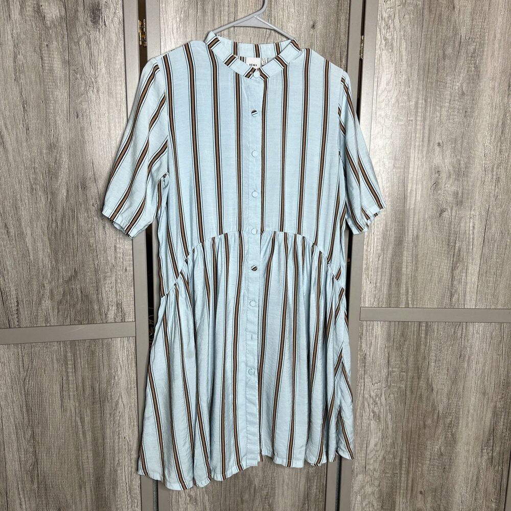 ICHI Shirt Dress Size S Hayden Button Front Striped Short Sleeve Blue